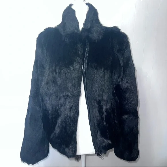 Rabbit Fur Zip Up Mob Wife Fur Coat With Tail Tassels Black M - Picture 3 of 15